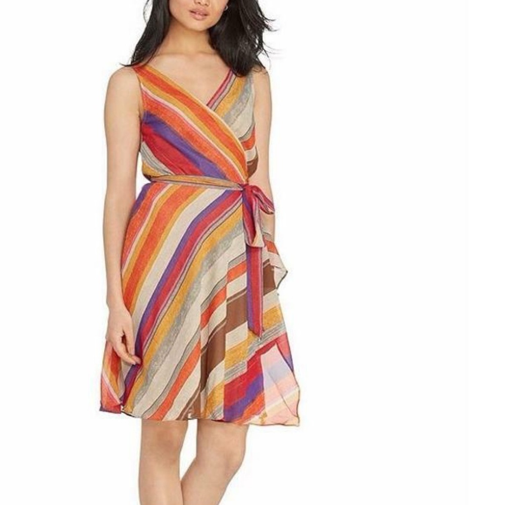 RALPH LAUREN Variegated Southwestern Stripe Georgette Sleeveless Wrap Dress 16 w